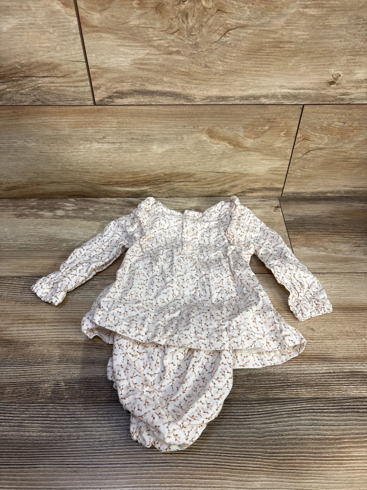Just One You white 2pc dress and bloomers set with a small brown floral print on wood background