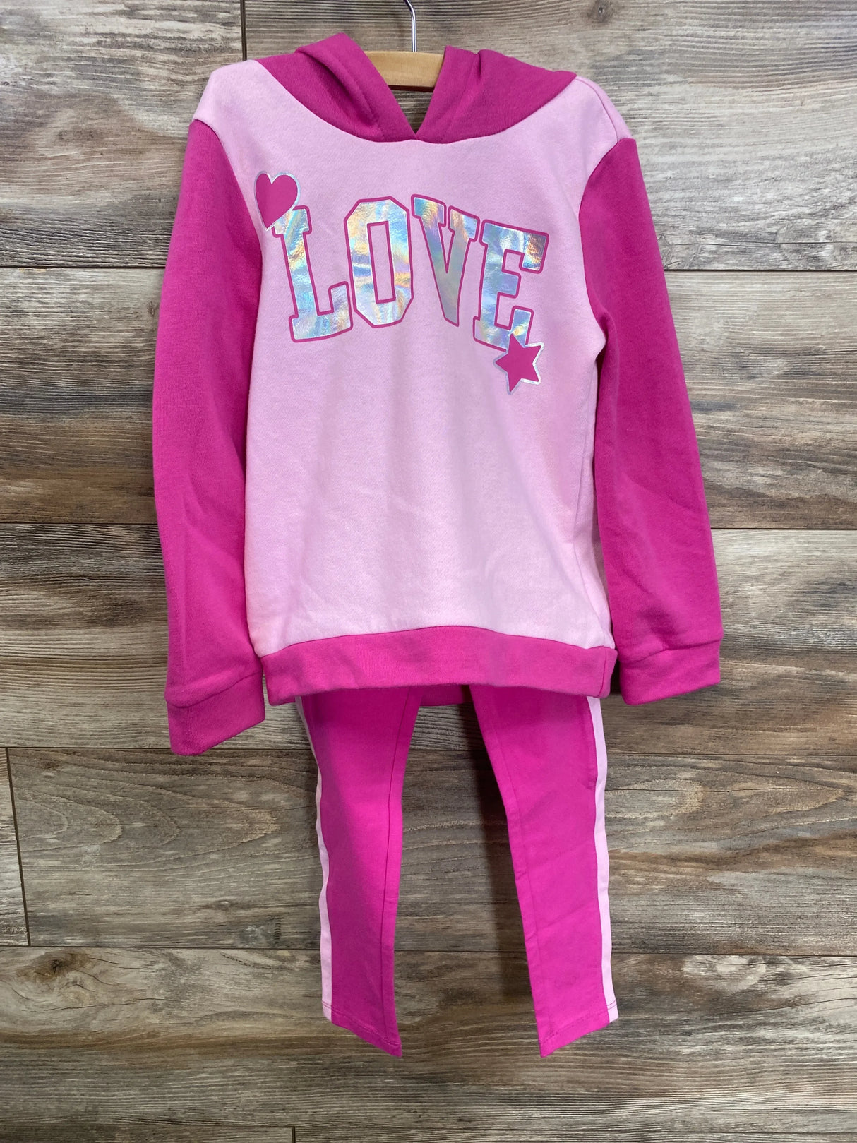Pink kids hoodie and pants set with holographic LOVE print, perfect for cozy playtime