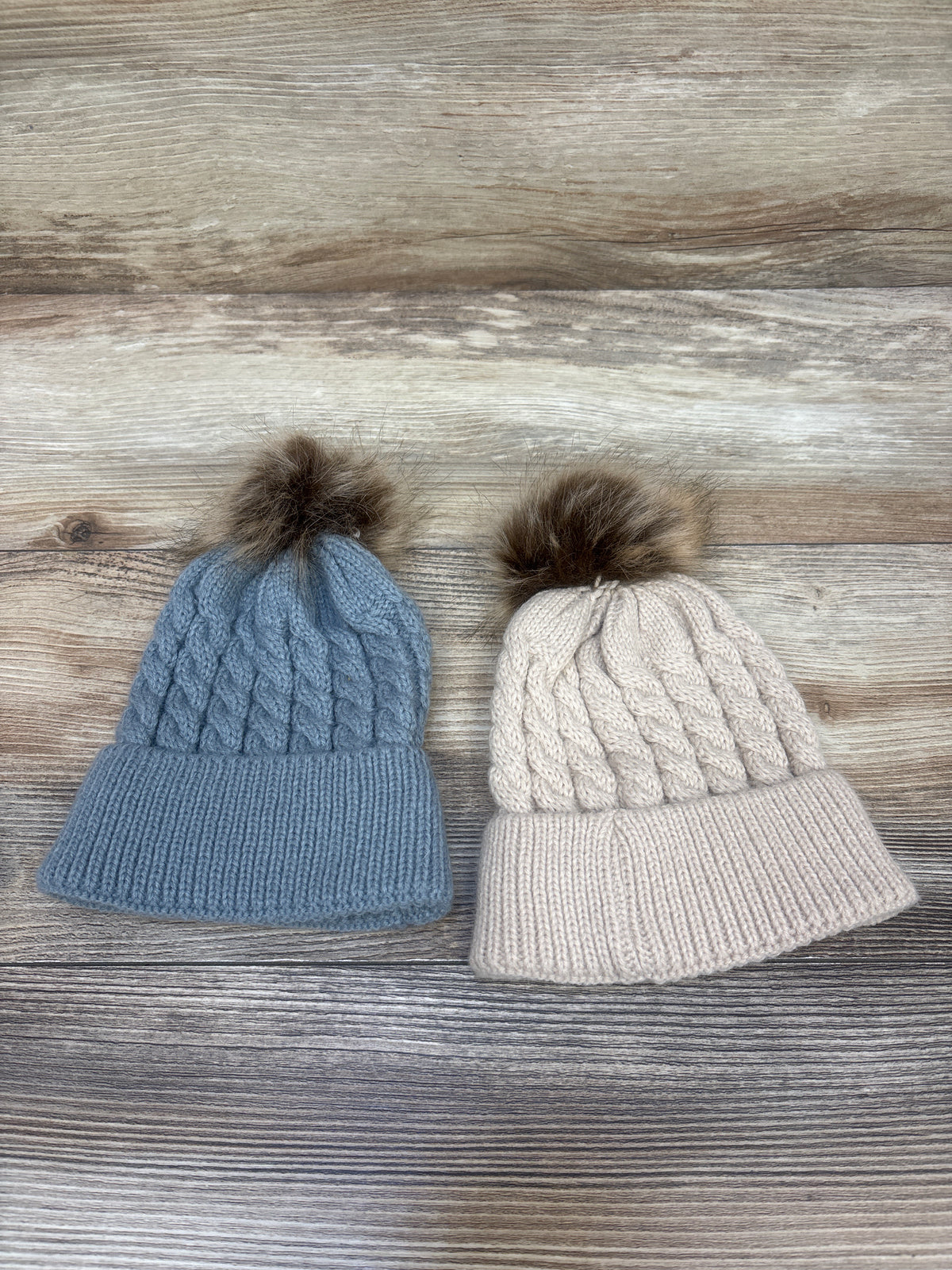 Cable Knit Pom-Pom 2pk Beanies Beige/Grey One Size