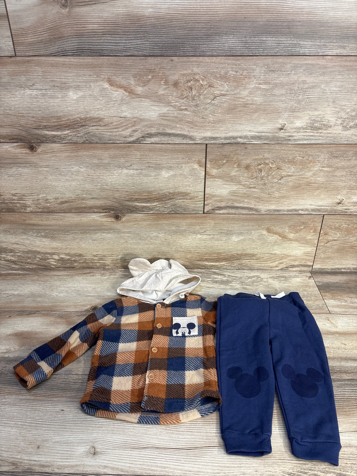 NEW Disney Baby 2pc Mickey Fleece Hooded Shirt & Joggers Set Beige sz 12m