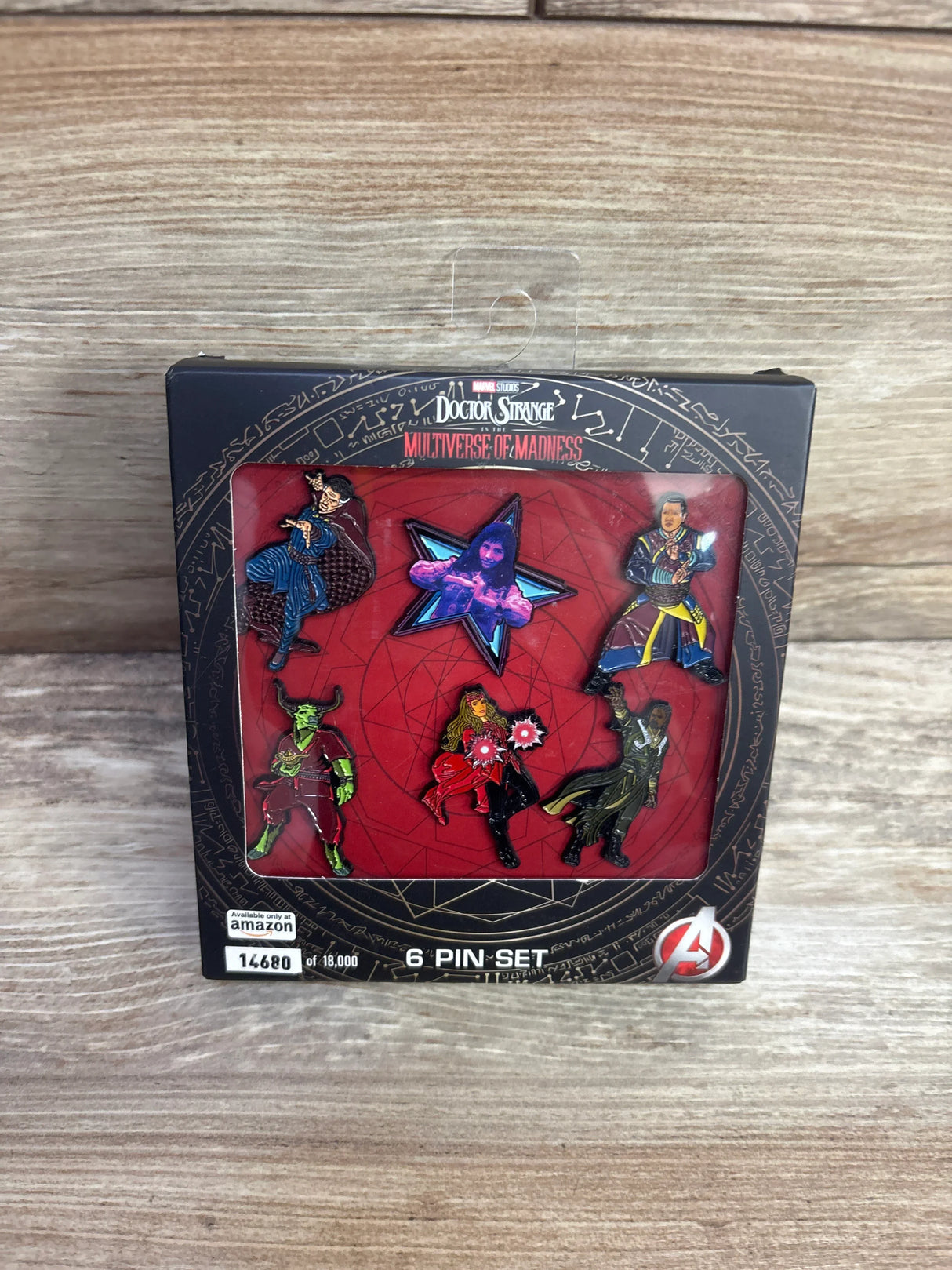 Marvel Doctor Strange Multiverse of Madness 6 pin set in original packaging on wood surface