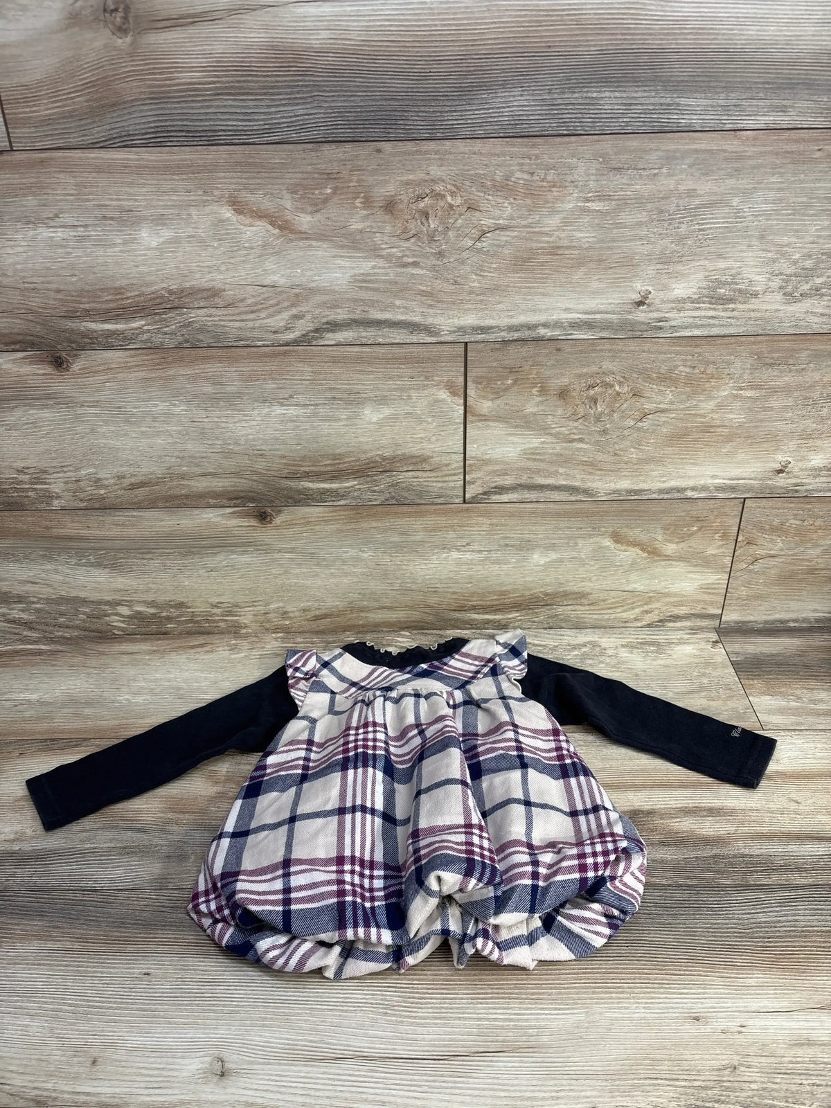 Baby girl long sleeve dress with navy blue top and plaid skirt in cream, navy, and purple
