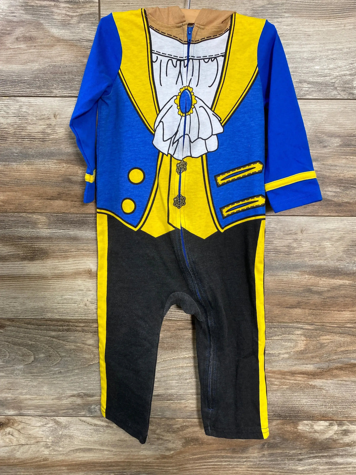 Front of Disney Baby Beauty and the Beast hooded coverall, blue with printed prince jacket, zipper front on wood background