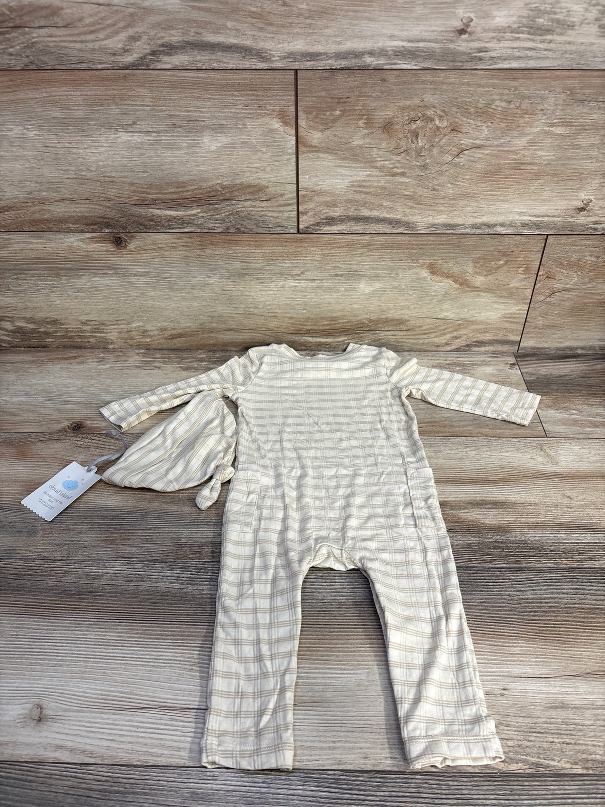 NEW Cloud Island Jacquard Checkered Romper & Hat Beige sz 6-9m
