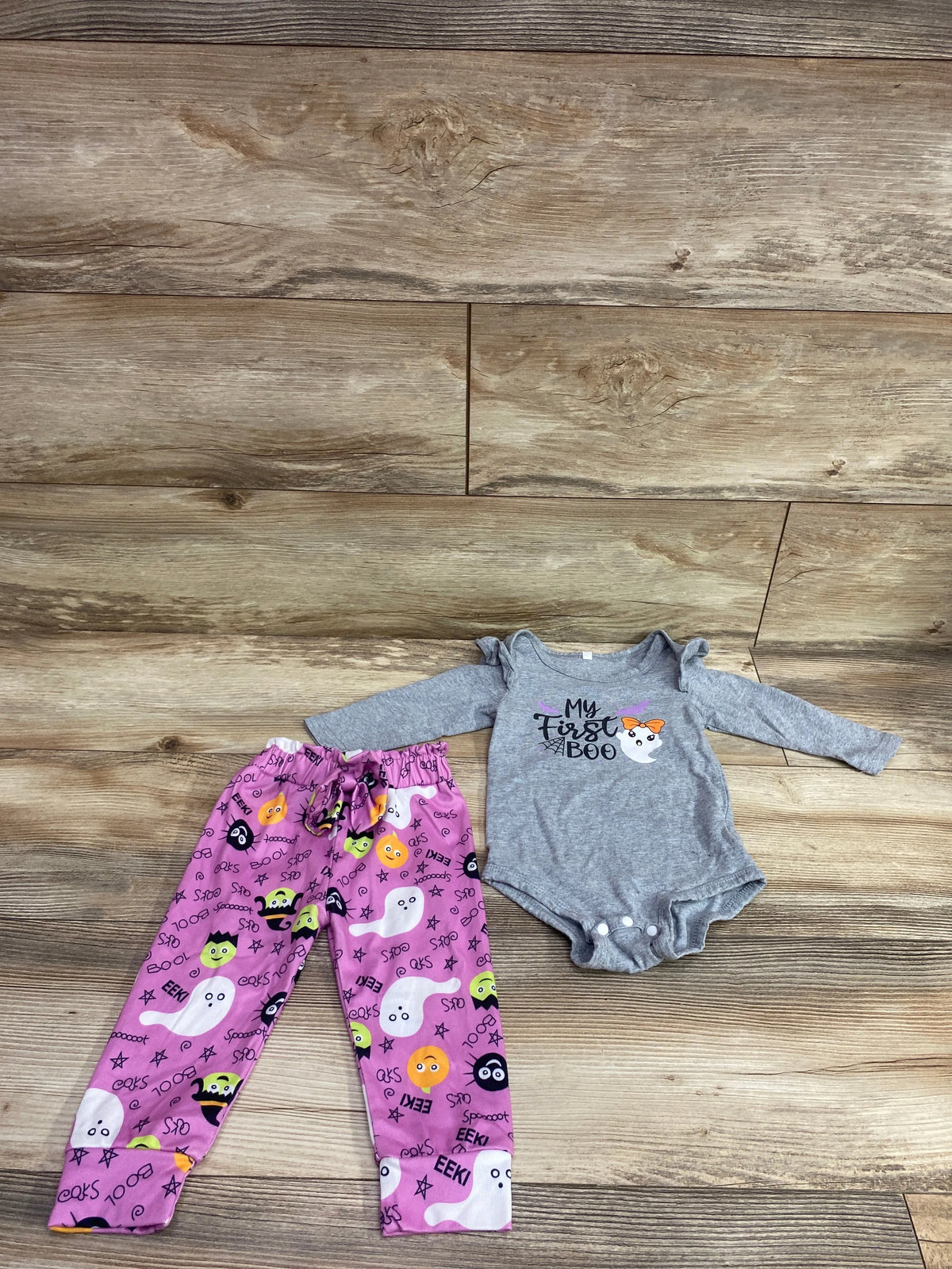 Front view of HINTINA baby bodysuit and pants set with My First Boo graphic, gray bodysuit, and Halloween print pants