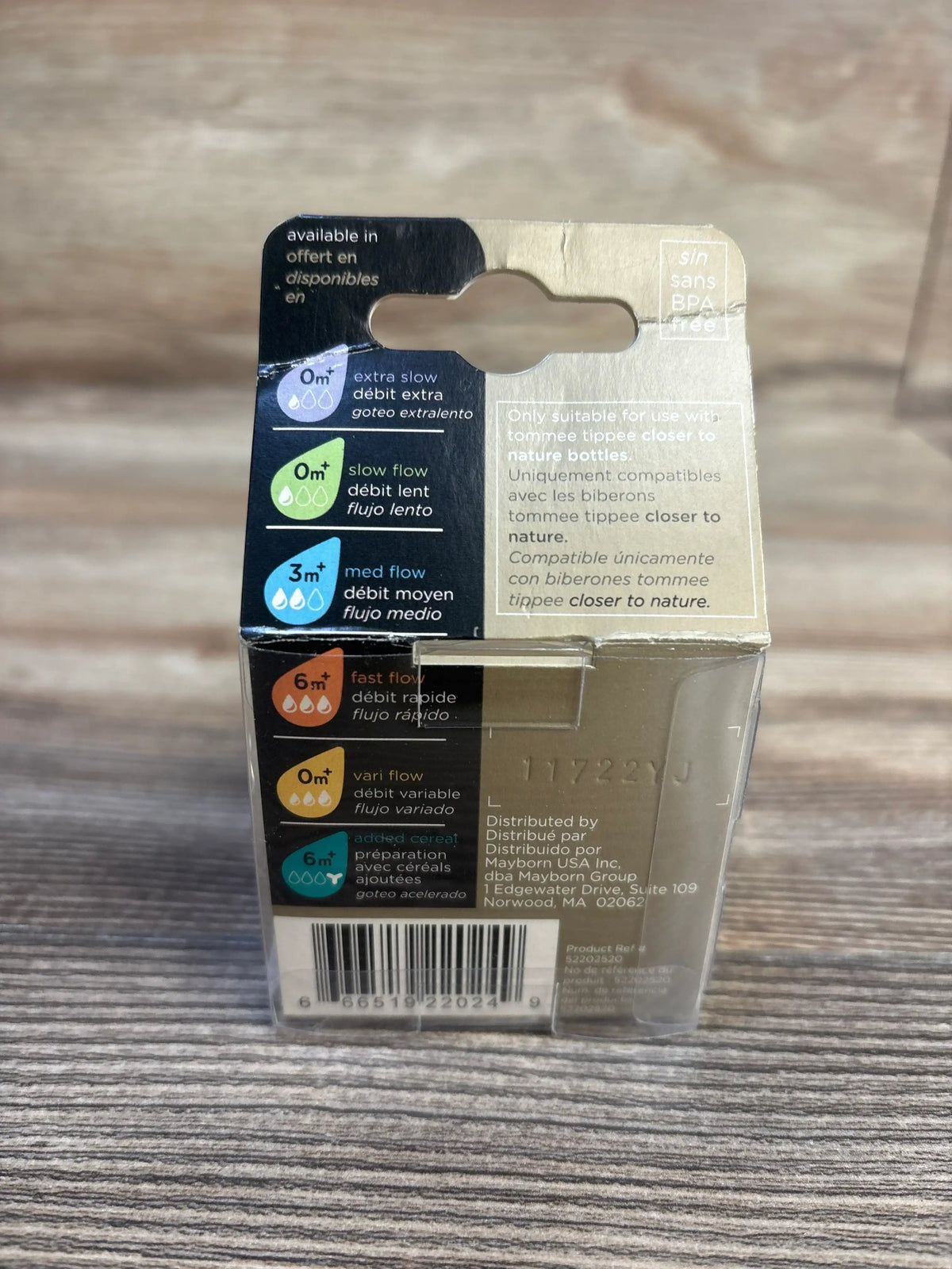Back of Tommee Tippee baby bottle nipple packaging showing flow rate options and BPA free label