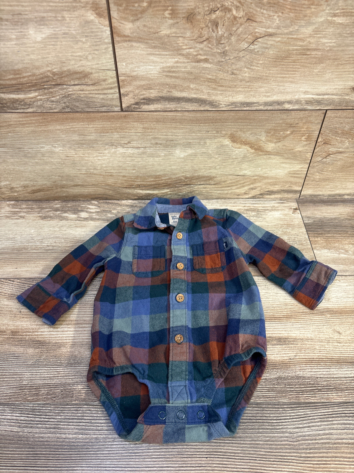 Oshkosh Plaid Flannel Button Up Bodysuit Blue sz 6m