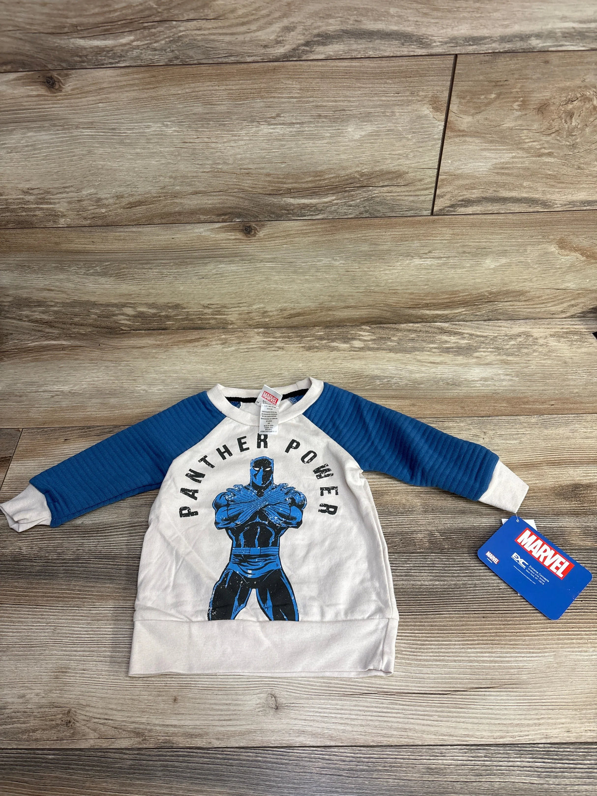 Kids Marvel Black Panther sweatshirt with blue sleeves and Panther Power graphic on wood floor