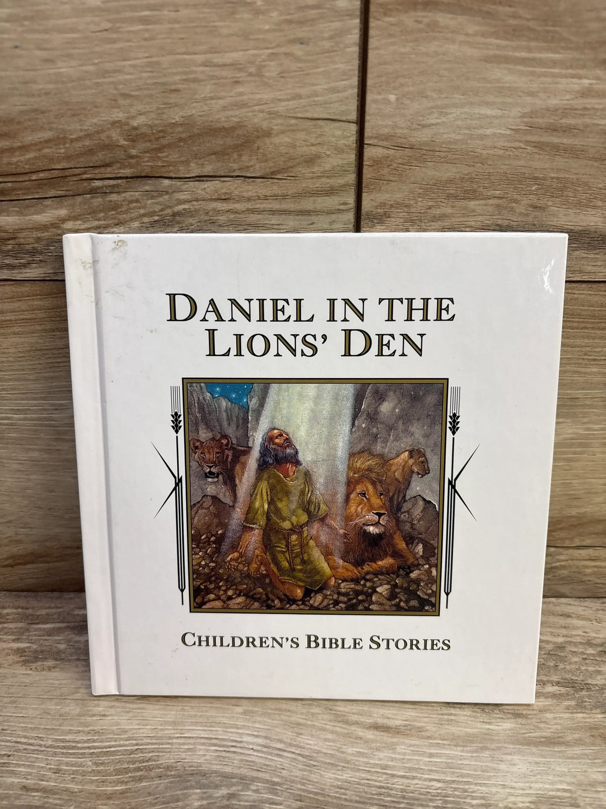 Front view of Daniel in the Lion’s Den children’s hardcover book showing illustrated cover art of Daniel with lions on a white background