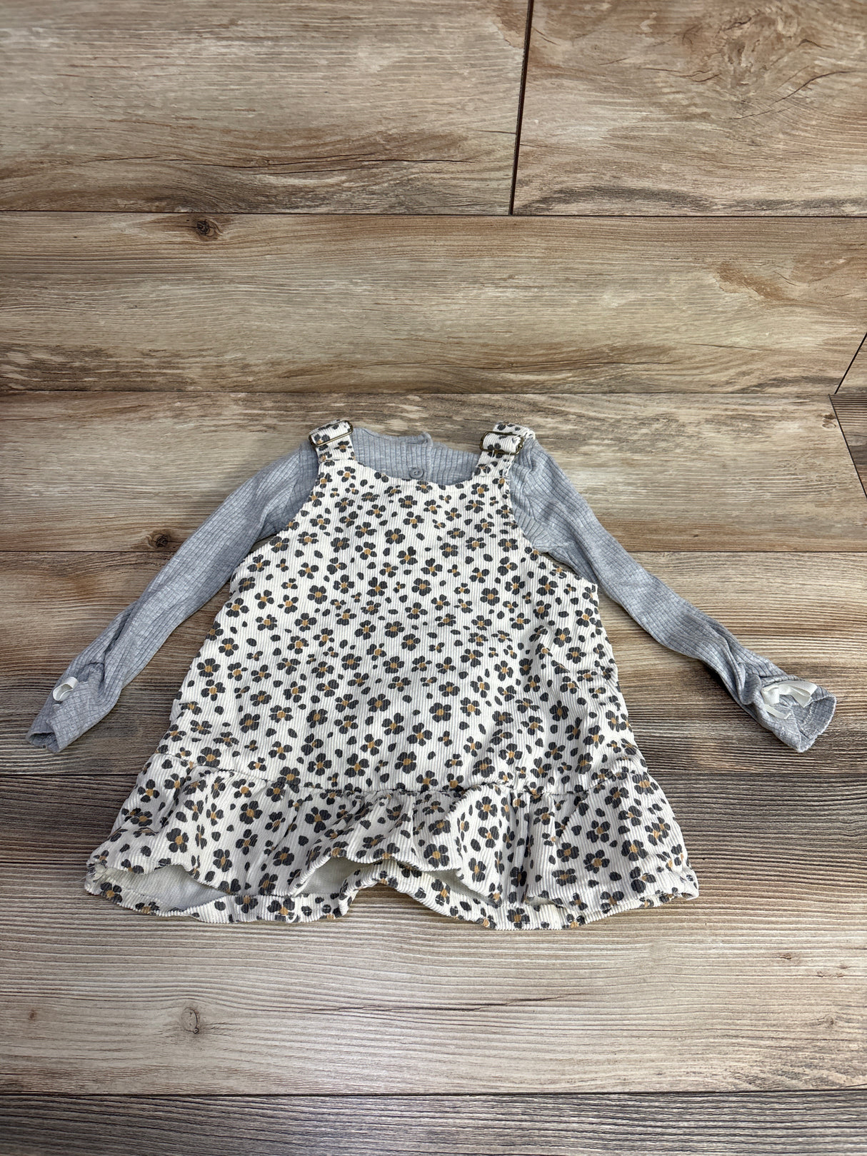 Little Lass 2pc Floral Cord Overalls & Ribbed Shirt Grey sz 2T