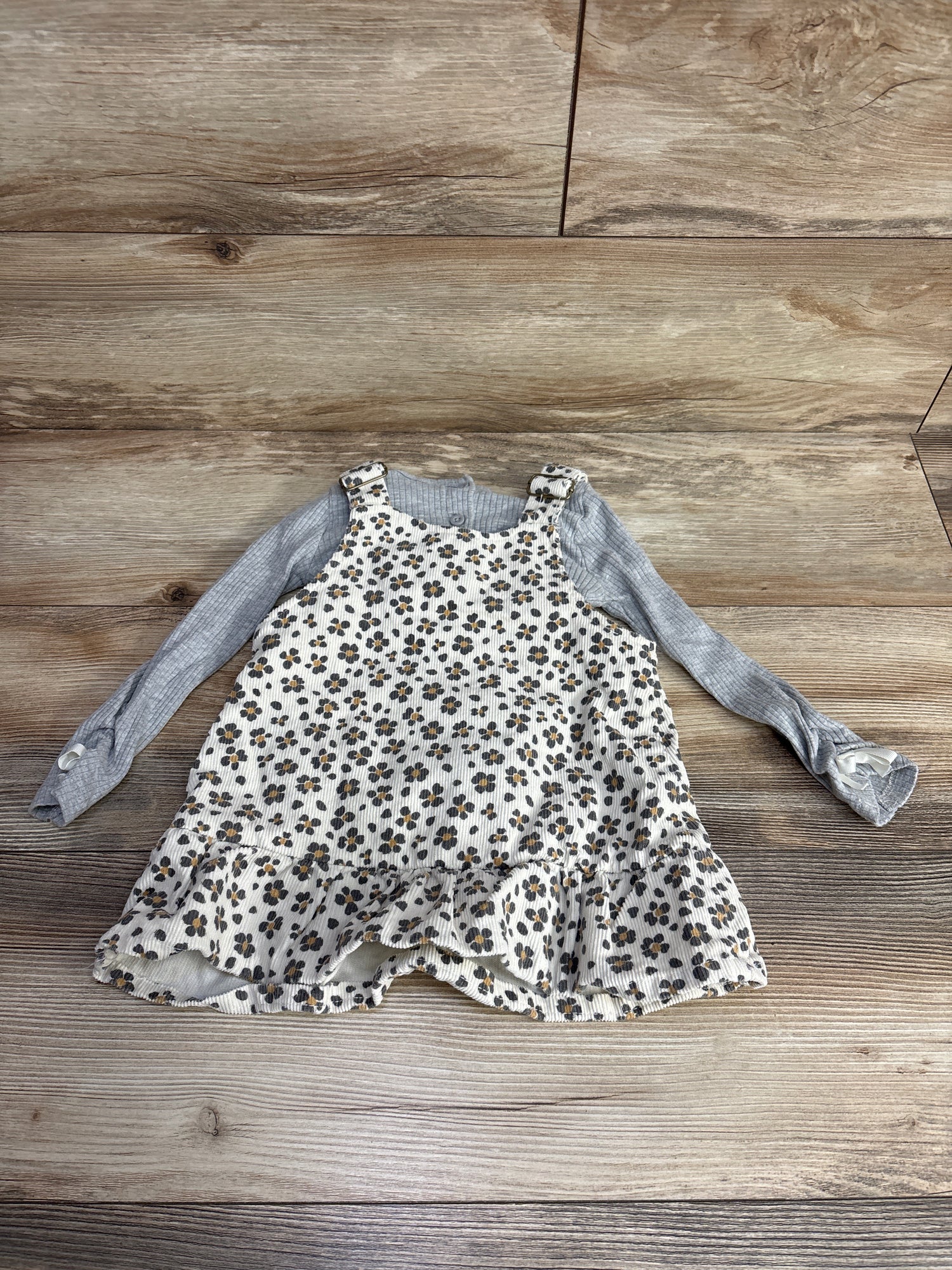 Little Lass 2pc Floral Cord Overalls & Ribbed Shirt Grey sz 2T