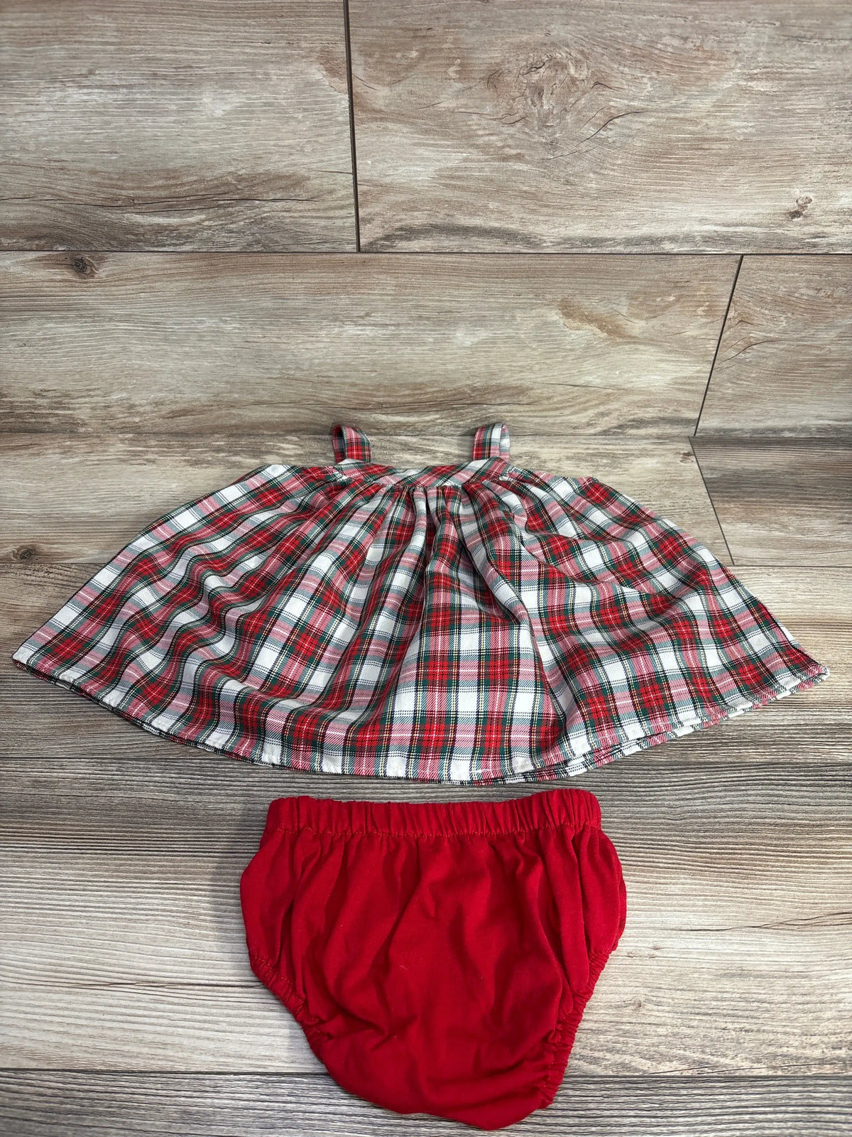 Red plaid baby dress with matching red bloomers, festive holiday outfit for infants