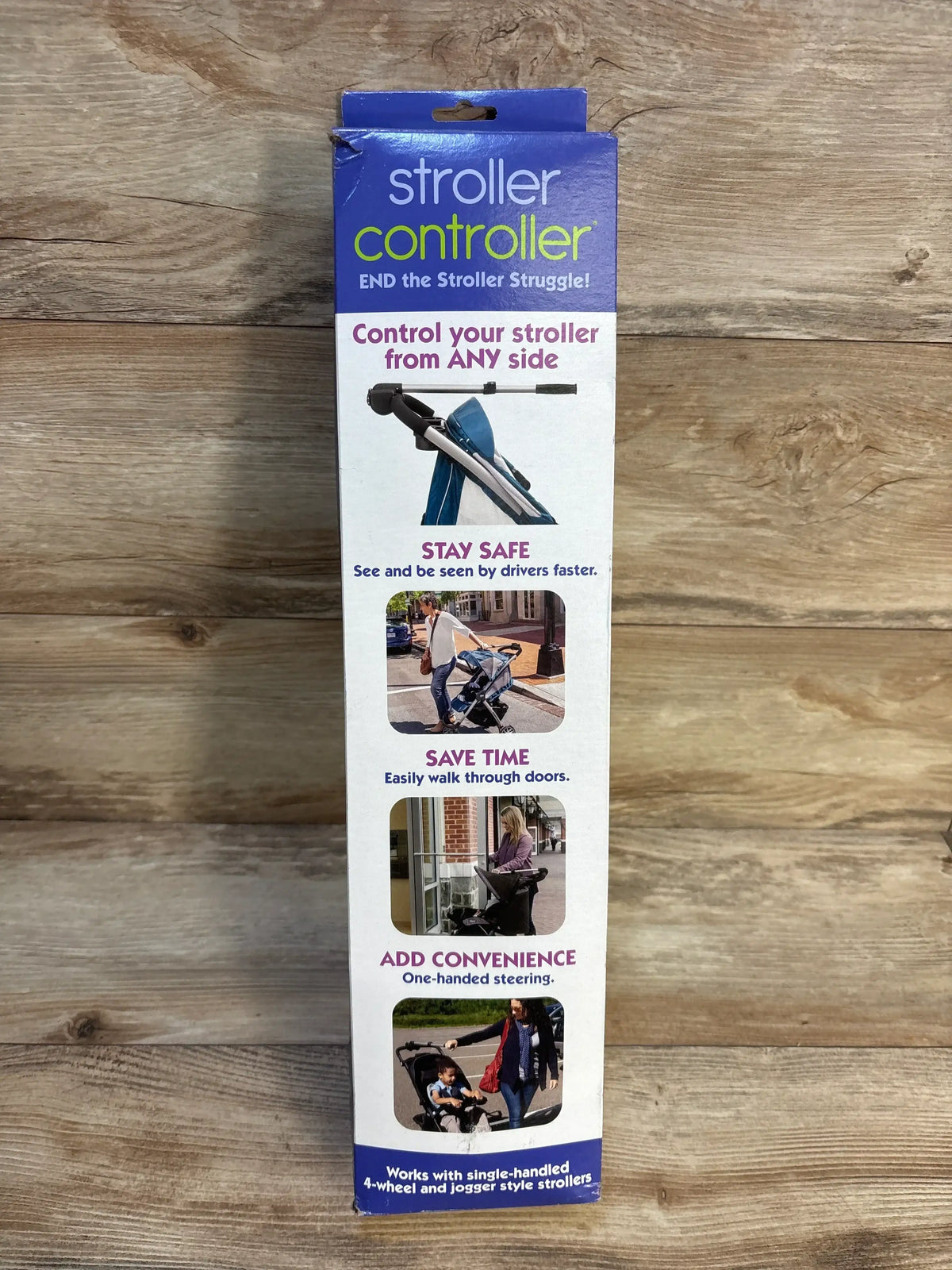 Stroller controller product packaging showing features for safe, convenient stroller steering.