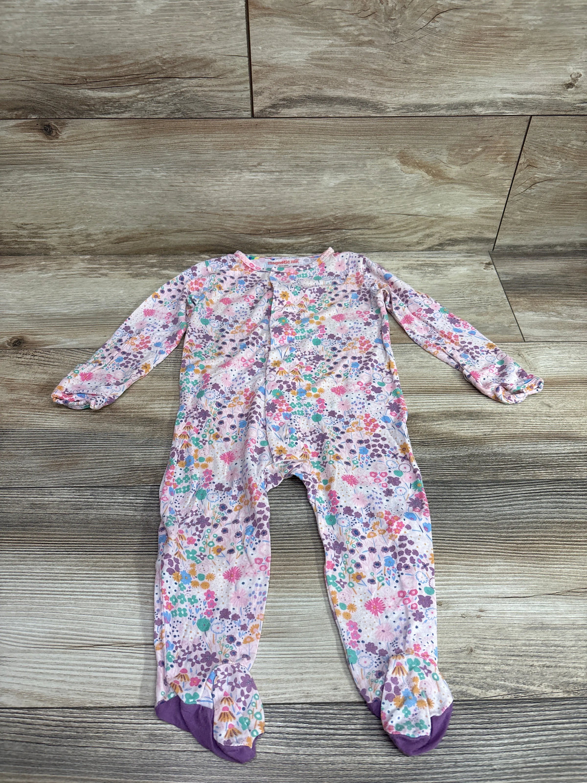 Magnetic Me Bunny Blossom modal footie in pink floral print, size 3-6m