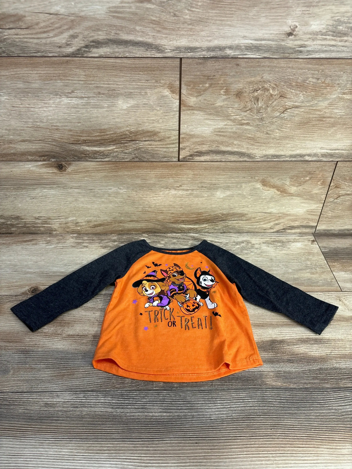 Front view of Jumping Beans Paw Patrol raglan shirt, orange body, dark gray sleeves, Trick or Treat print on wood