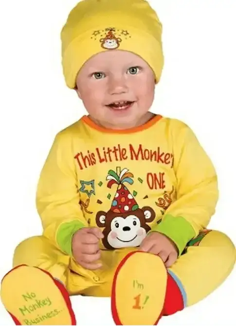 Front view of Rubie’s 1st birthday monkey costume showcasing yellow outfit, monkey graphic, and birthday text on white background