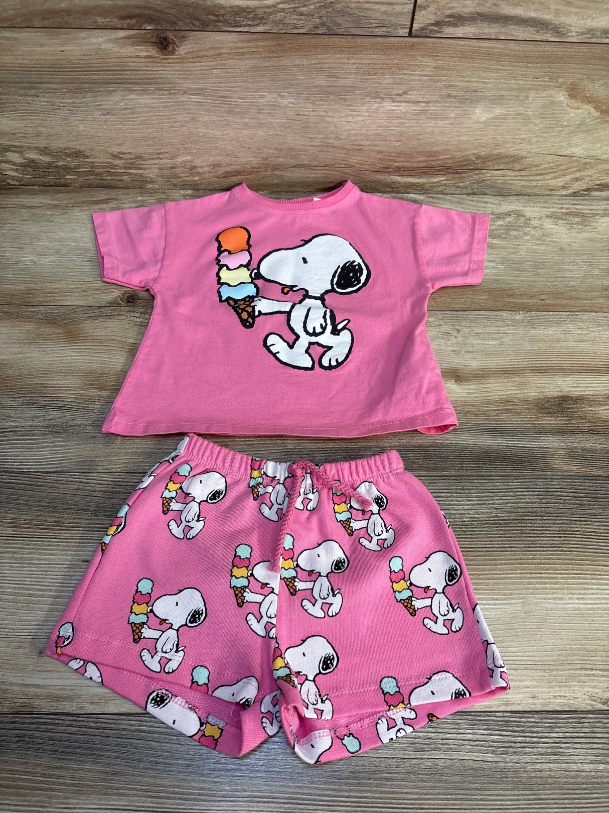 Pink Snoopy kids outfit with ice cream print, toddler t-shirt and shorts set