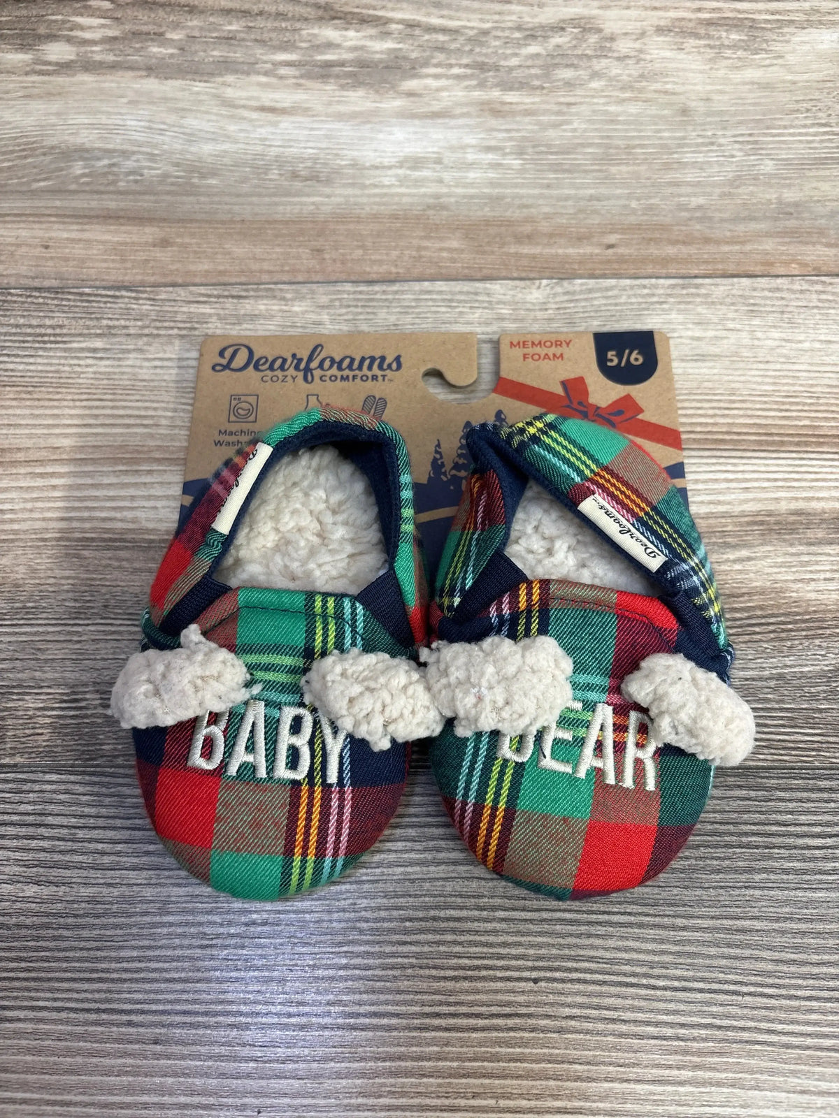 Plaid baby slippers with 'BABY DEAR' embroidery, cozy memory foam, size 5/6, soft fleece lining