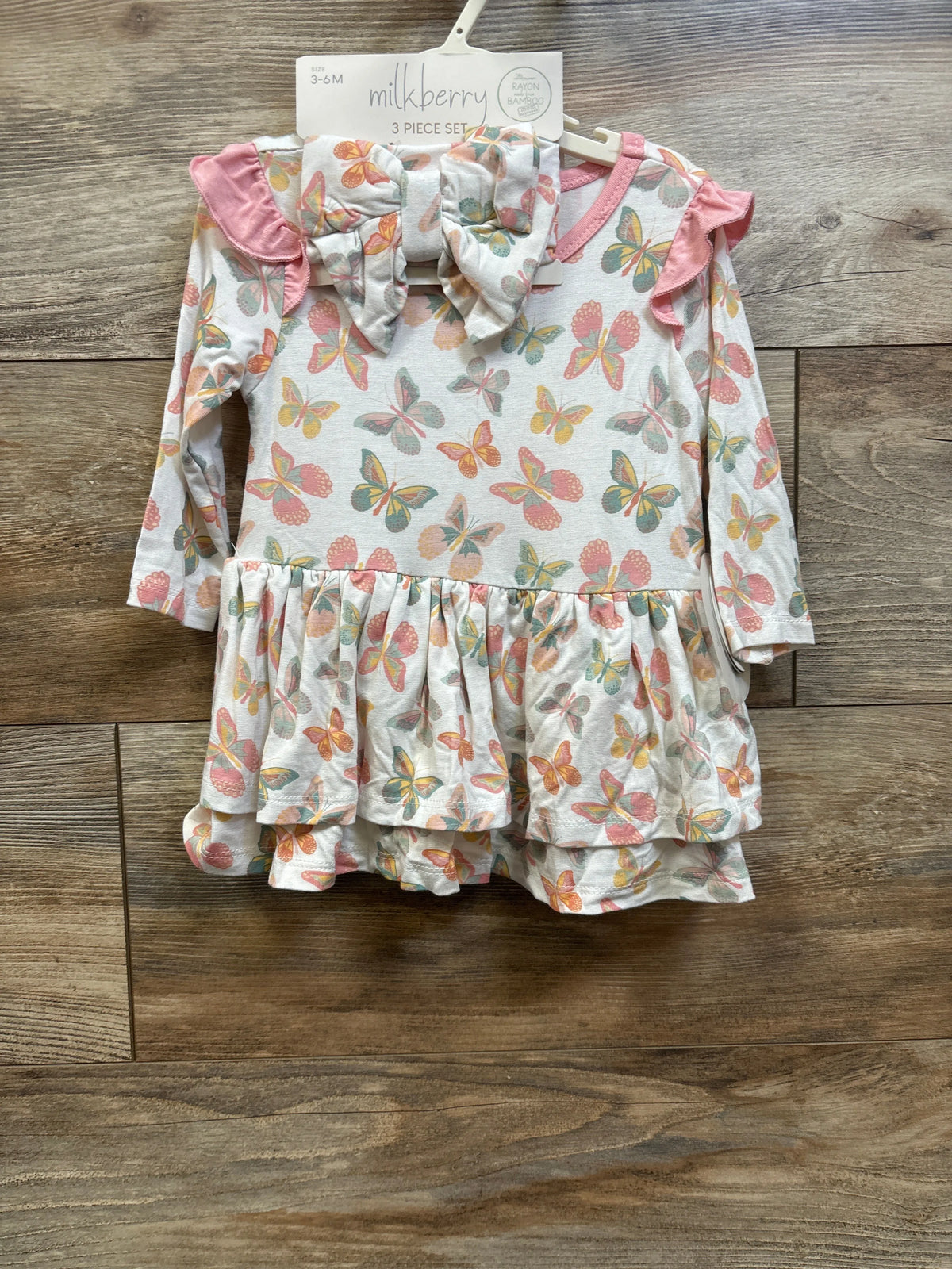 New Me n Mommy To Be white bamboo 3-piece butterfly dress set with matching headband, size 3-6M