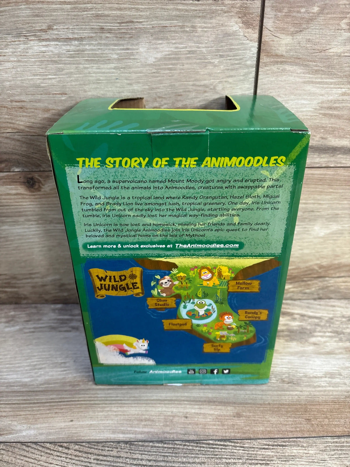 Back of Animoodles toy box featuring wild jungle map and character story for kids.