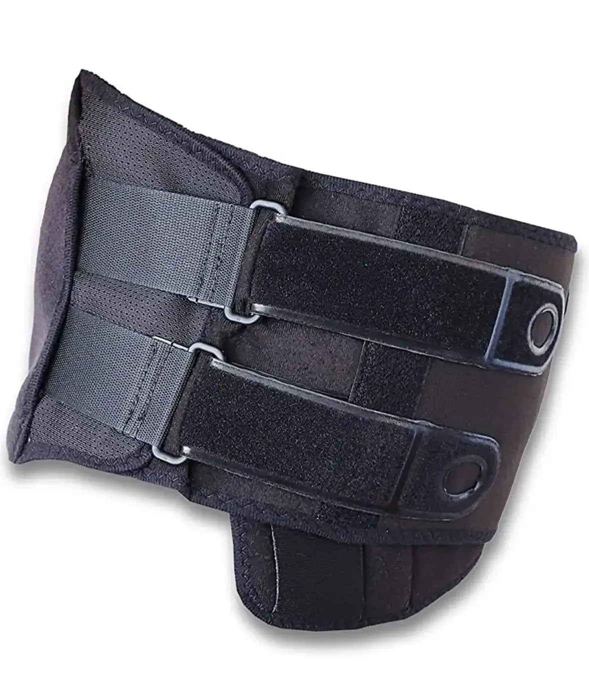 Angled flat-lay of black Matriarch pregnancy support belt showing dual adjustable Velcro straps and breathable lining on white
