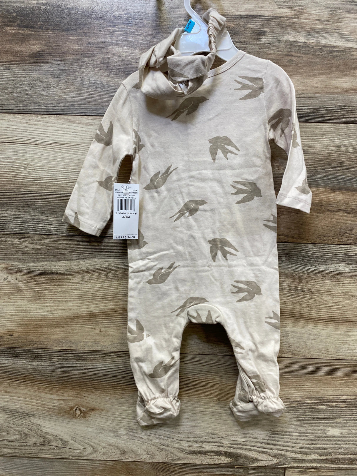 NEW Jessica Simpson 2pc Bird Print Coverall & Headband Beige sz 3-6m