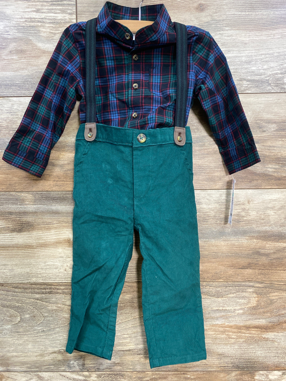 NEW Just One You Suspender Pants & Plaid Romper Green sz 18m