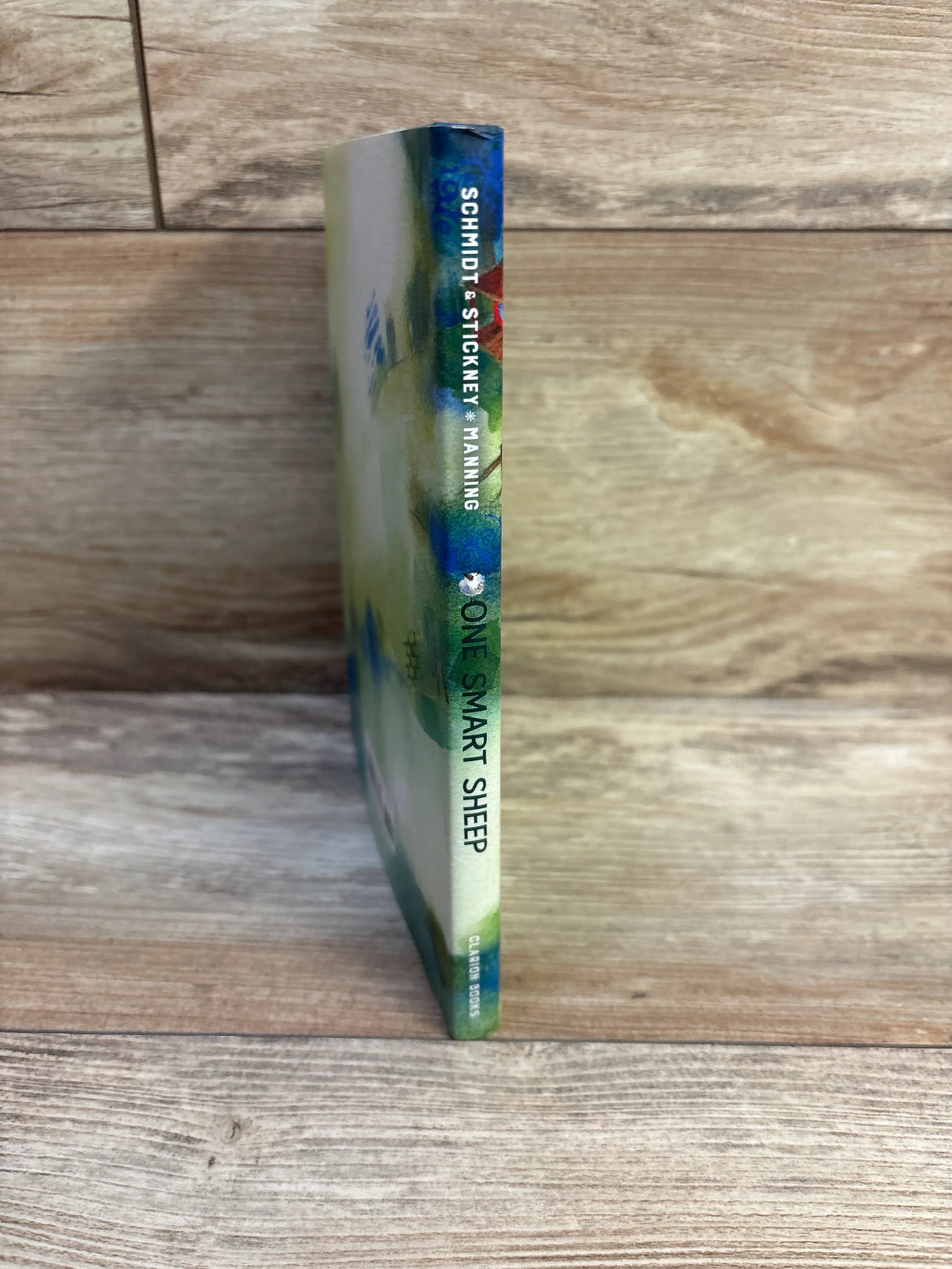 Side view of One Smart Sheep hardcover showing spine with title and authors on a wood plank background