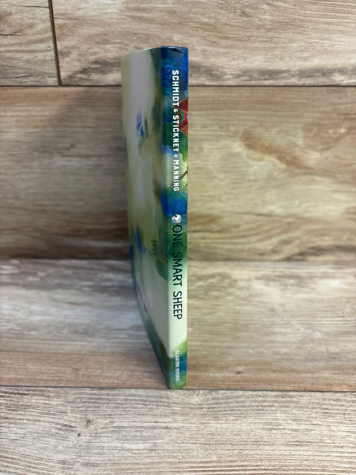 Side view of One Smart Sheep hardcover showing spine with title and authors on a wood plank background