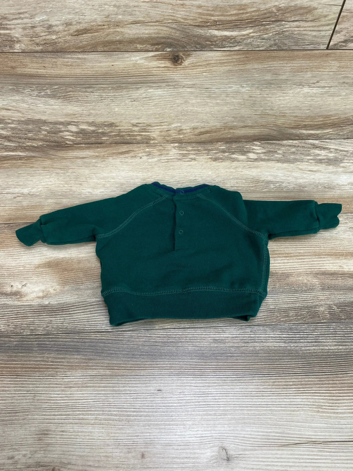 Front view of Ralph Lauren baby green fleece sweatshirt with Big Pony logo and ribbed cuffs, size 3 months