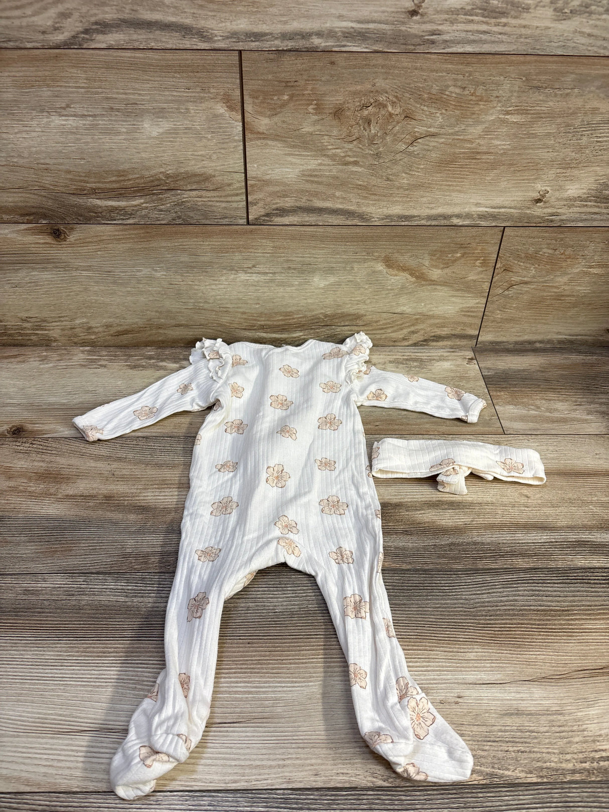 Rabbit + Bear Organic 2pc Ribbed Sleeper & Headband Beige sz 6-9m
