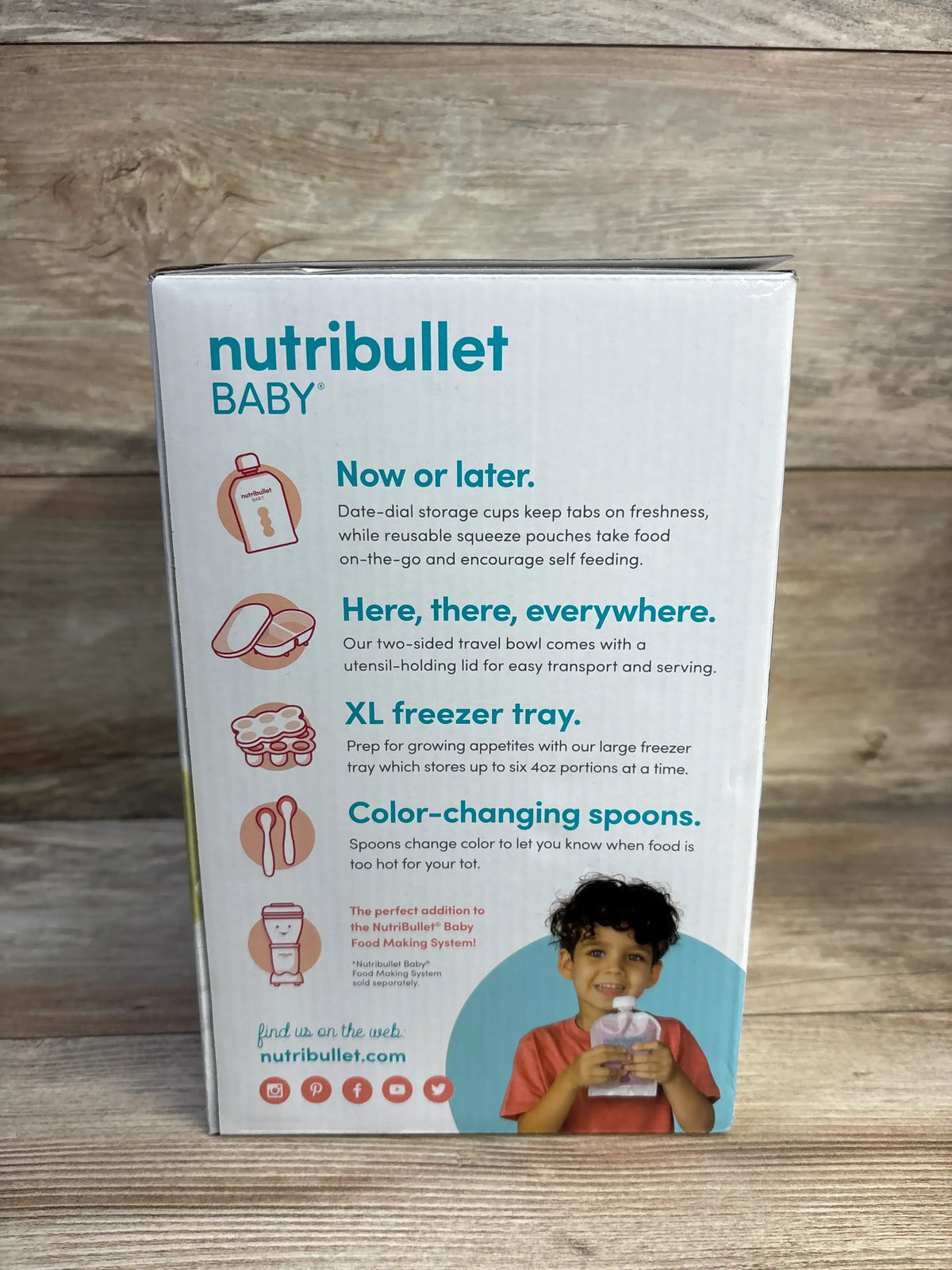 Back view of the NutriBullet Baby and Toddler Meal Prep Accessory Kit box showcasing storage and feeding features