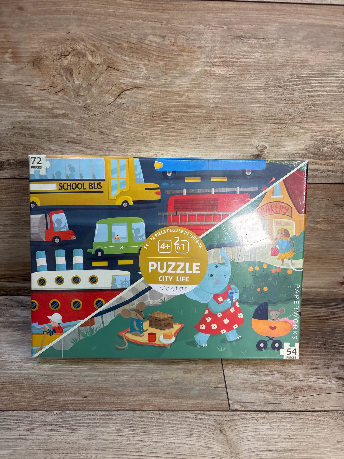 Front of Vastar 2-in-1 City Life puzzle box with colorful city and park illustrations and 54 and 72 piece labels on wood