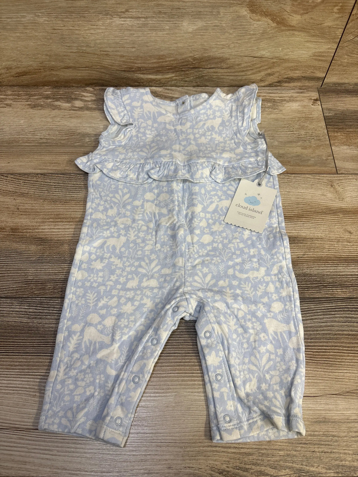 New blue and white patterned Cloud Island baby jumpsuit with ruffle detail, size 3-6m
