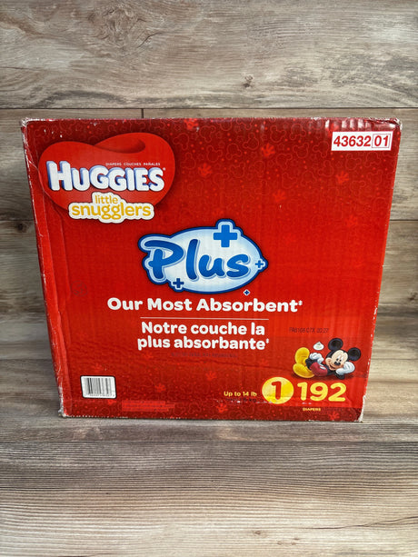 NEW Box of Huggies Plus Little Snugglers Diapers 192ct, Size 1 - Me n Mommy To Be