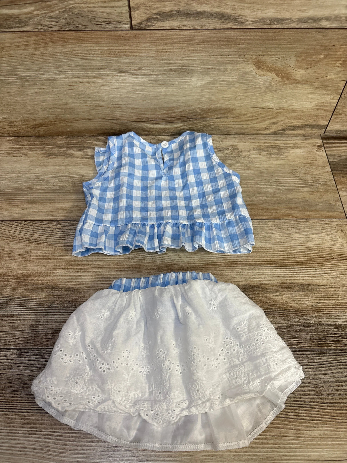 2Pc Blue/White Gingham Ruffle Blouse & White Eyelet Skirt sz 3-6m