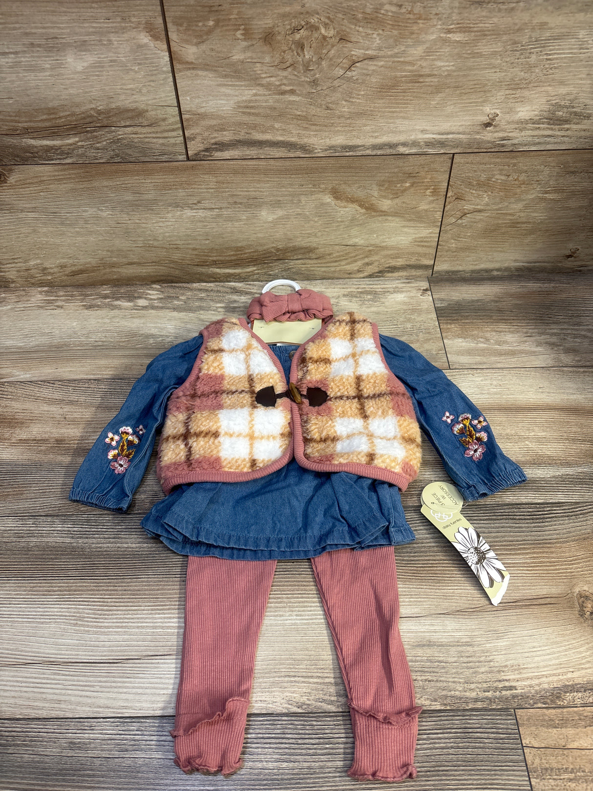 NEW Daisy Fuentes 4pc Vest, Chambray Top, Leggings, & Headband Set Blue sz 12m
