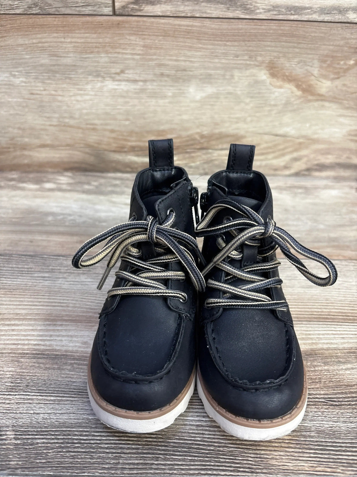 Front view of Cat & Jack Greyson boots, black size 6C, with bungee laces and hook and loop velcro closures