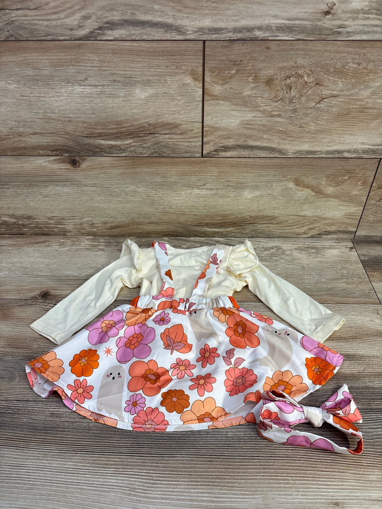 3pc Floral Ghosts Pinafore Dress Set White sz 3-6m - Me n Mommy To Be
