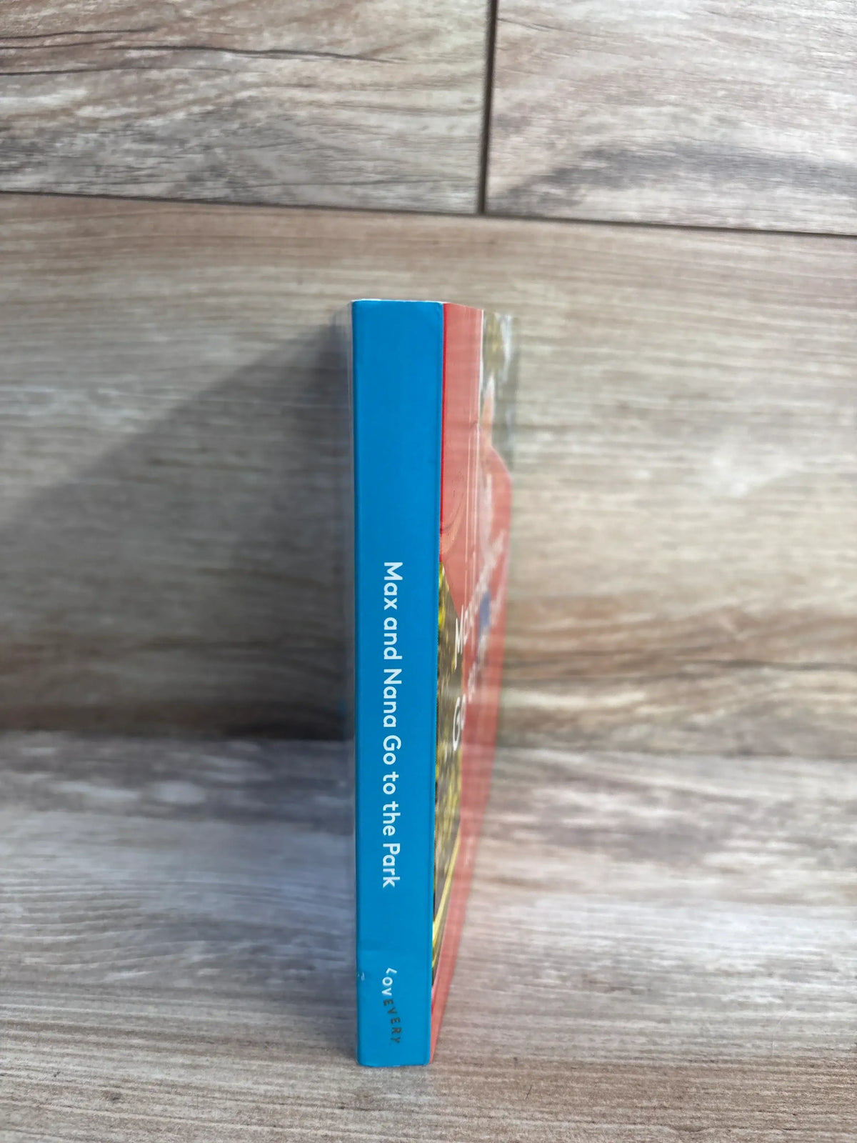 Spine view of Lovevery Max and Nana Go to the Park board book showing blue spine with white title text and light edge wear on wood background