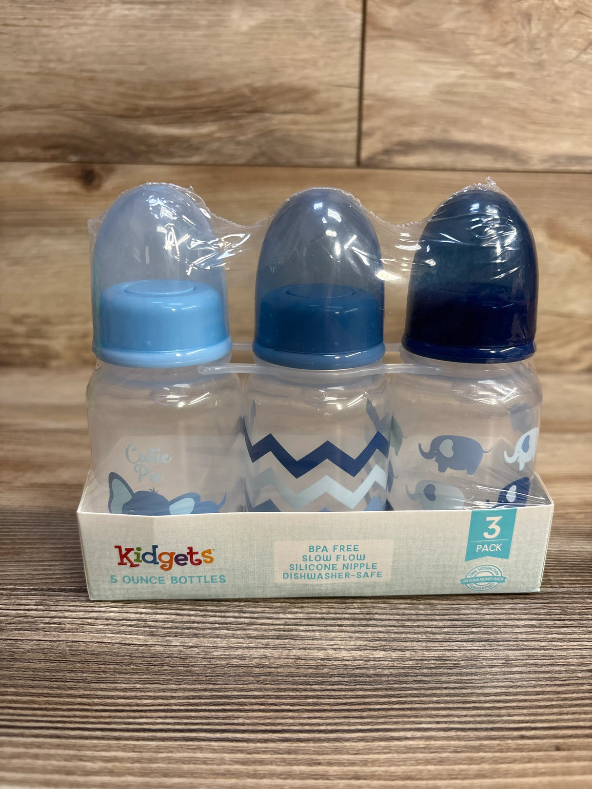 Kidgets 3-pack 5-ounce baby bottles with blue caps and cute animal and zigzag designs
