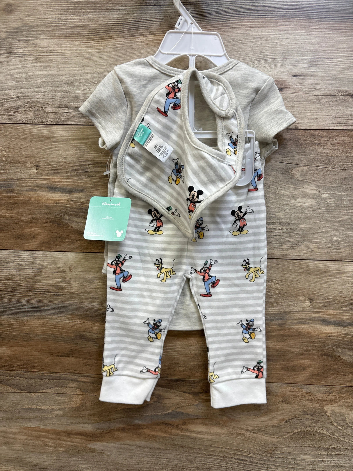 NEW Disney Baby 3pc Mickey Mouse Bodysuit, Pants, & Bib Set Grey sz 6/9m