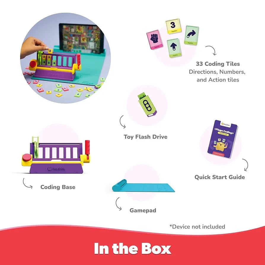 Educational coding toy set with base, 33 coding tiles, toy flash drive, gamepad, and quick start guide
