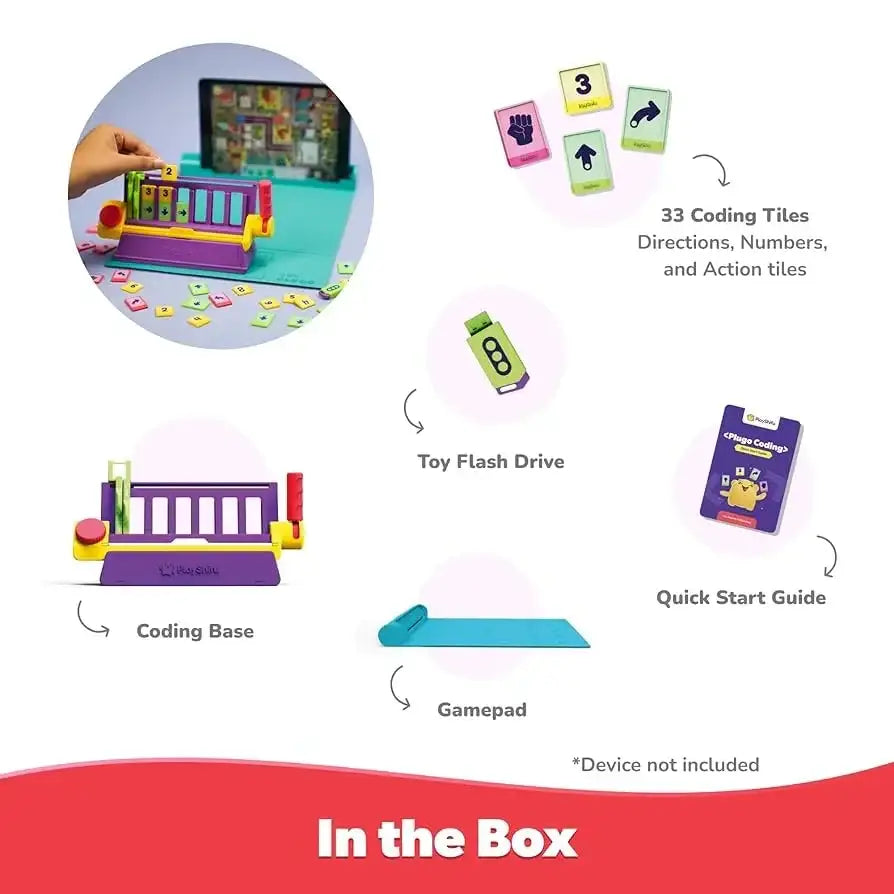 Educational coding toy set with base, 33 coding tiles, toy flash drive, gamepad, and quick start guide
