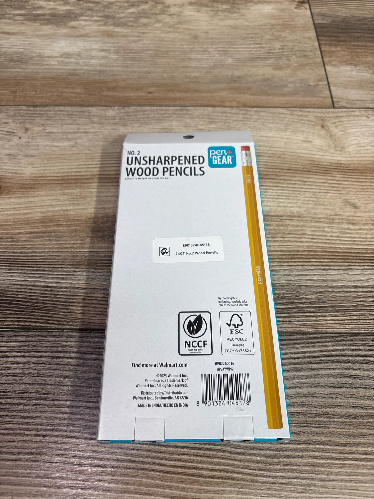 Back view of Pen + Gear No. 2 unsharpened wood pencils 24ct package with a yellow pencil and recycling symbols
