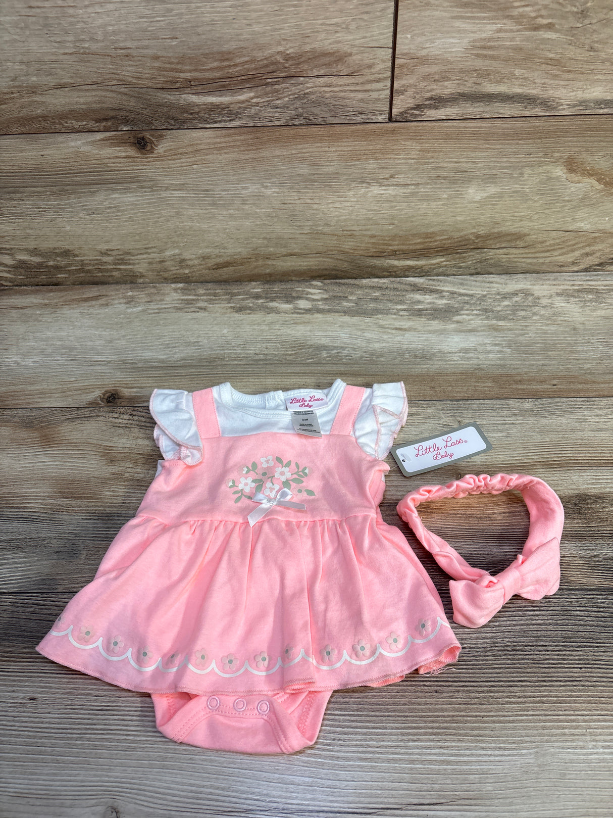 NEW Little Lass 2pc Bodysuit Dress & Headband Set Pink sz 0/3m