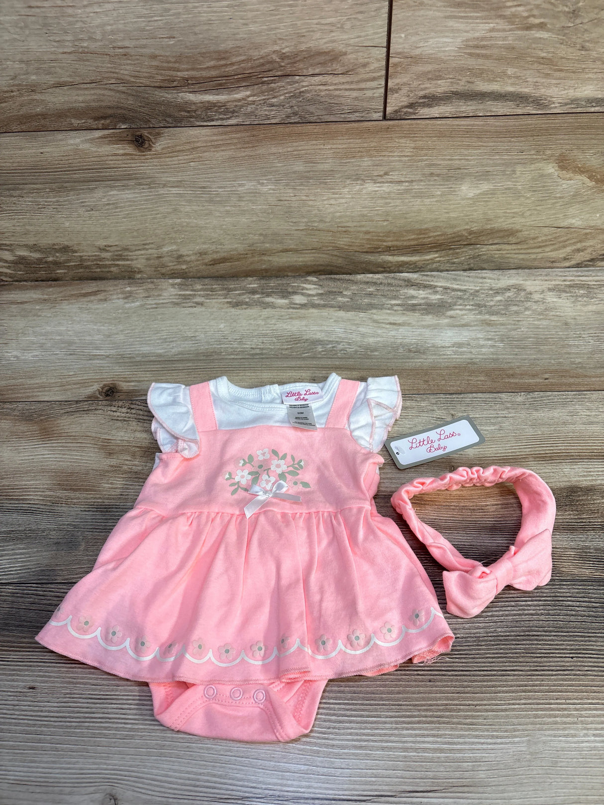 NEW Little Lass 2pc Bodysuit Dress & Headband Set Pink sz 0/3m