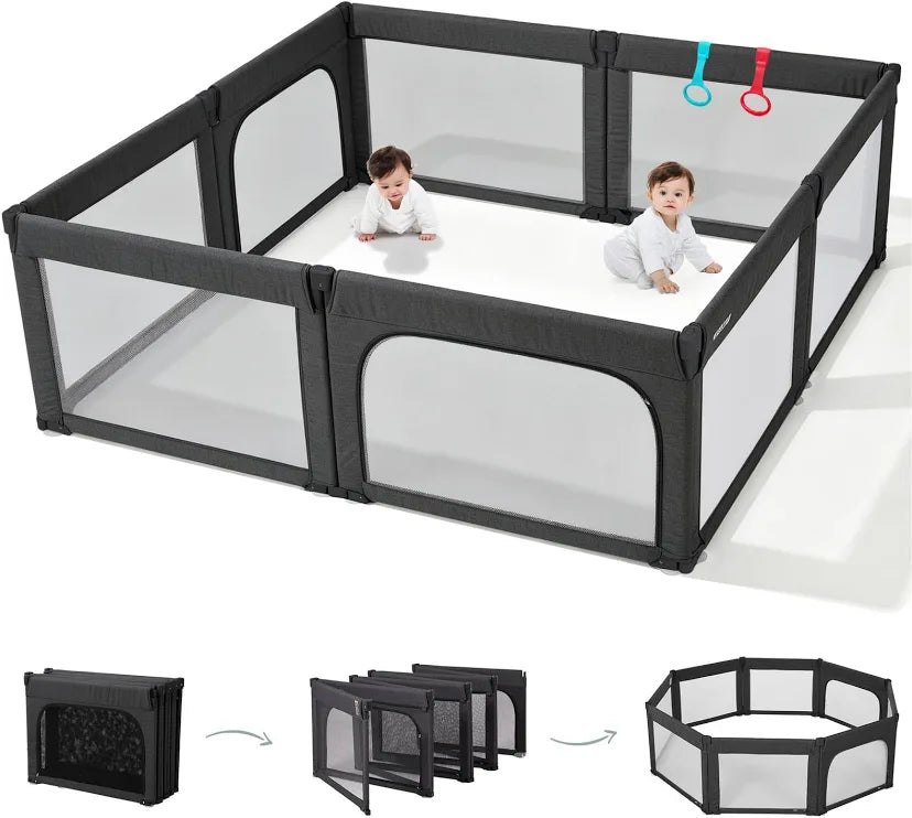 Doradotey 8-Panel Foldable Baby Playpen with Adult Door Grey 59x71''