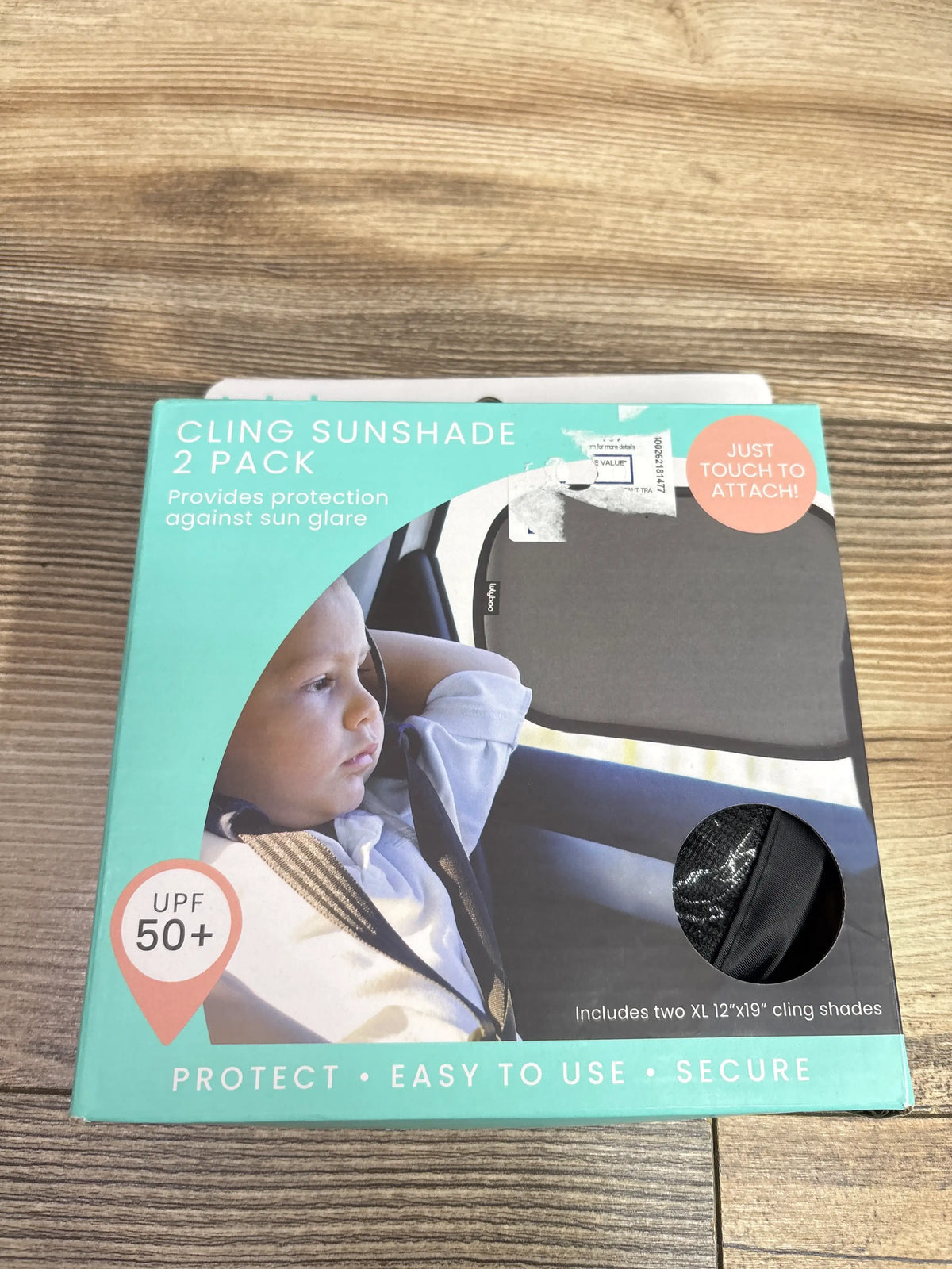 Front view of Lulyboo cling sunshades for car windows, two-pack, with UPF 50 plus protection and two 12 x 19 inch shades