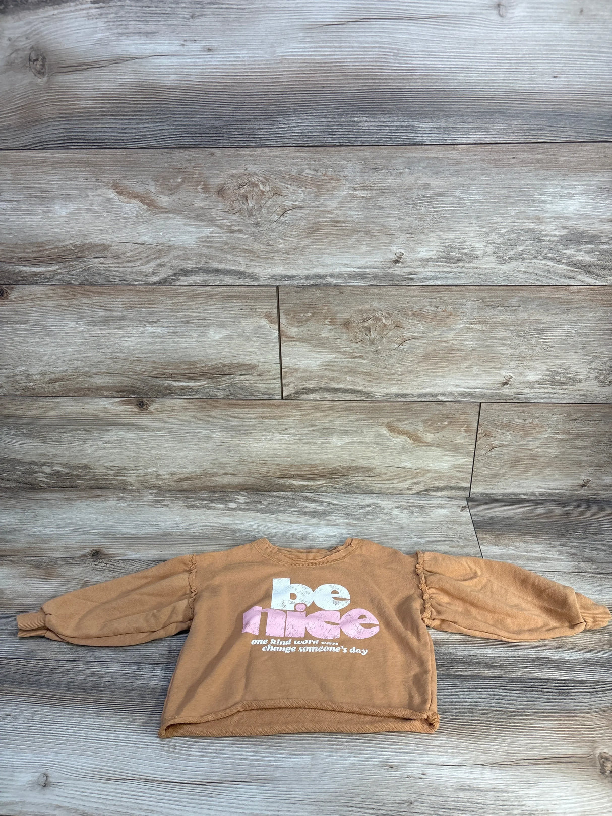 Tan kids' sweatshirt with 'be nice' text on wood background